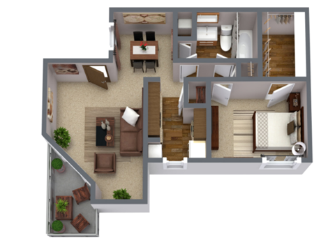 Floor plan for 1 bed, 1 bath, 661 sqft